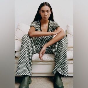 Zara Green Geometric Jacquard Knit 2 Pc Coord Matching Set High Waist Pant S Top